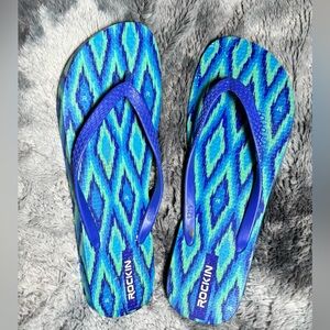 Rockin Blue & Teal Geometric Flip Flops. 10